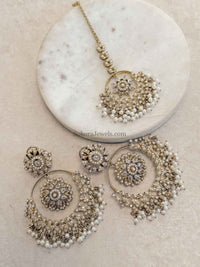 Noor Pearl Chandbali Earrings & Tikka Set - SOKORA JEWELSNoor Pearl Chandbali Earrings & Tikka Set