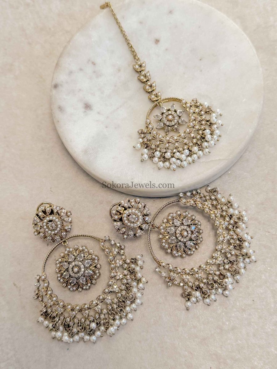 Noor Pearl Chandbali Earrings & Tikka Set - SOKORA JEWELSNoor Pearl Chandbali Earrings & Tikka Set