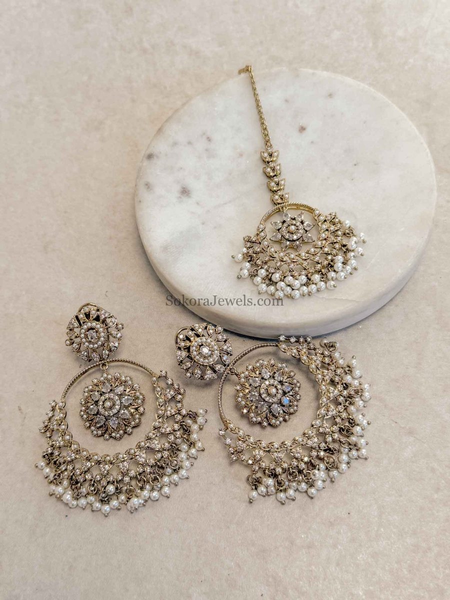Noor Pearl Chandbali Earrings & Tikka Set - SOKORA JEWELSNoor Pearl Chandbali Earrings & Tikka Set