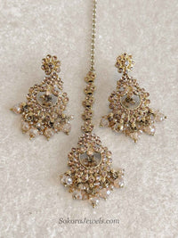 Noreen Golden Beaded Earrings & Tikka Set - SOKORA JEWELSNoreen Golden Beaded Earrings & Tikka Set