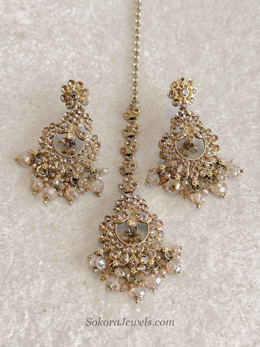 Noreen Golden Beaded Earrings & Tikka Set - SOKORA JEWELSNoreen Golden Beaded Earrings & Tikka Set