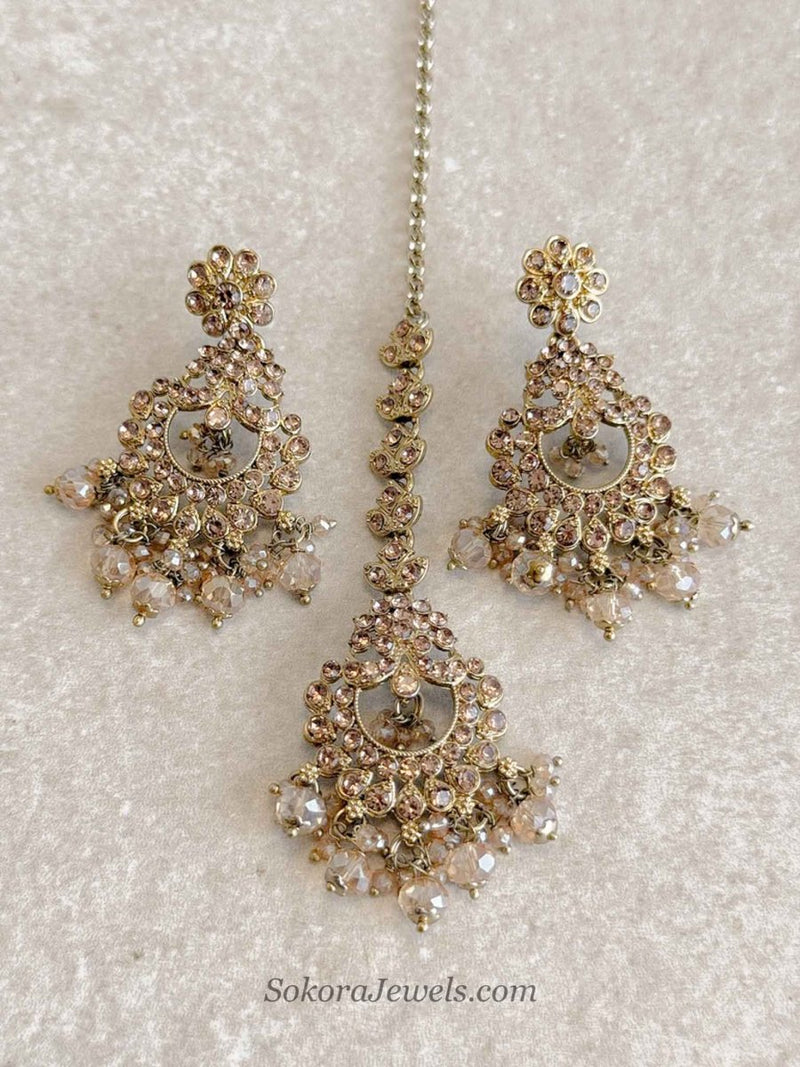 Noreen Golden Beaded Earrings & Tikka Set - SOKORA JEWELSNoreen Golden Beaded Earrings & Tikka Set