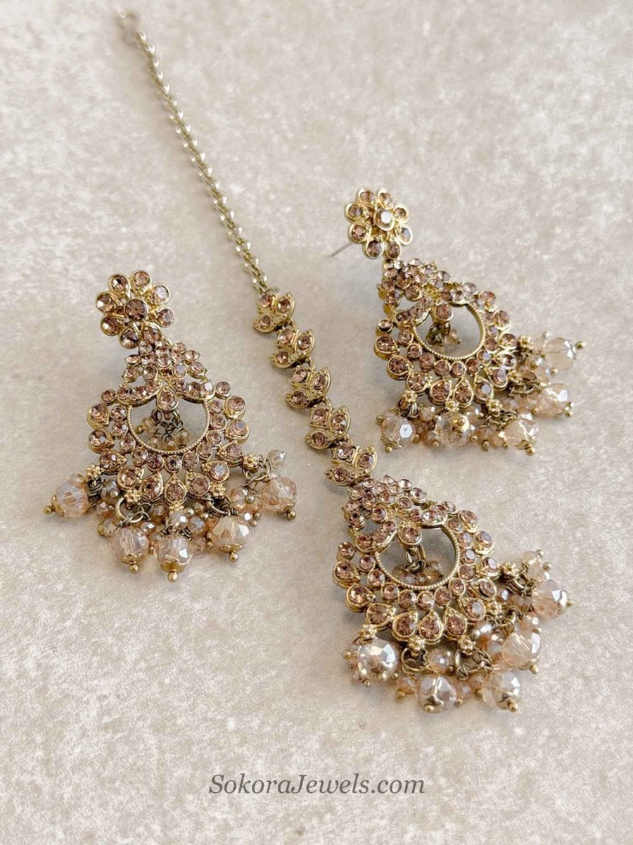 Noreen Golden Beaded Earrings & Tikka Set - SOKORA JEWELSNoreen Golden Beaded Earrings & Tikka Set