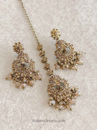 Noreen Golden Beaded Earrings & Tikka Set - SOKORA JEWELSNoreen Golden Beaded Earrings & Tikka Set