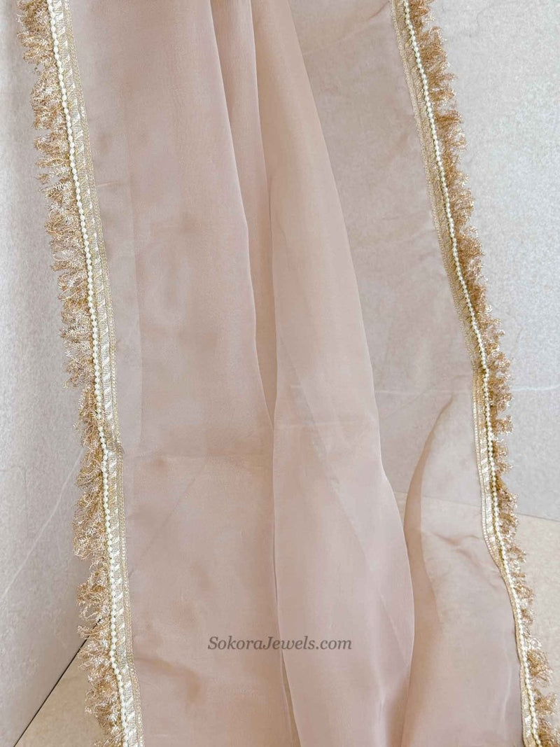 Nude Organza Bridal Veil Dupatta - SOKORA JEWELSNude Organza Bridal Veil Dupatta