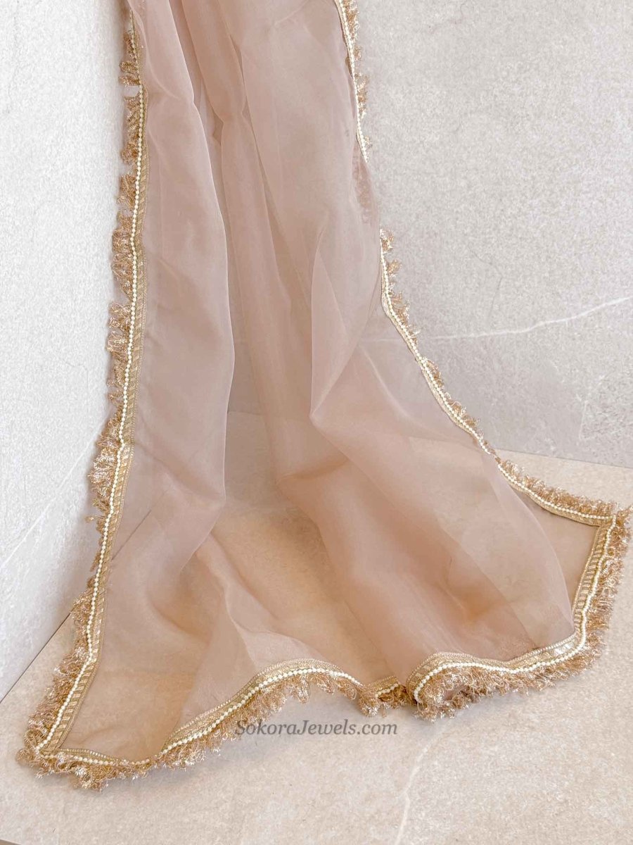 Nude Organza Bridal Veil Dupatta - SOKORA JEWELSNude Organza Bridal Veil Dupatta