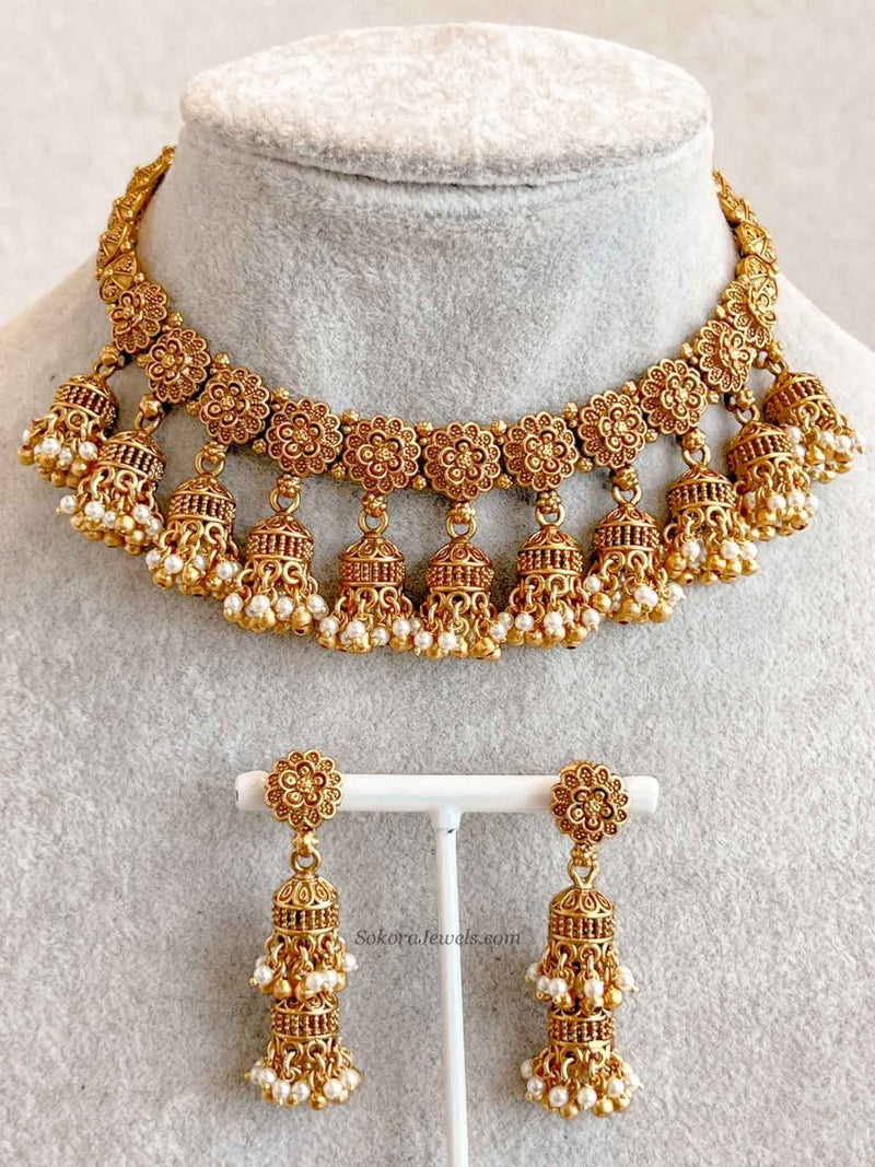 Nura Jhumka Detail Necklace set Gold Ball & Pearl - SOKORA JEWELSNura Jhumka Detail Necklace set Gold Ball & PearlNECKLACE SETS
