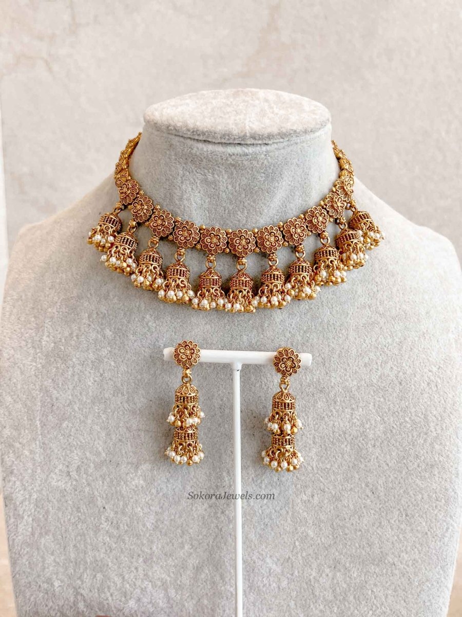 Nura Jhumka Detail Necklace set Gold Ball & Pearl - SOKORA JEWELSNura Jhumka Detail Necklace set Gold Ball & PearlNECKLACE SETS