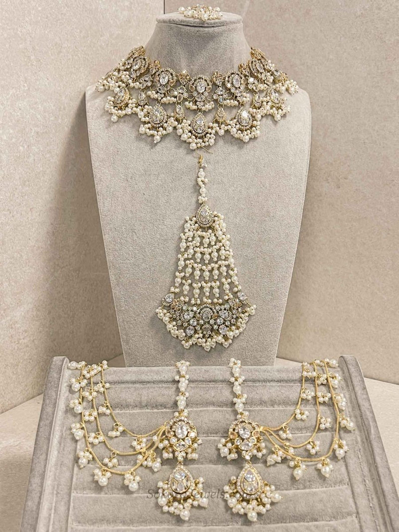 Omniya Bridal Necklace Set - White & Gold - SOKORA JEWELSOmniya Bridal Necklace Set - White & Gold