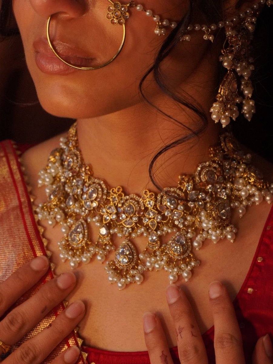 Omniya Bridal Necklace Set - White & Gold - SOKORA JEWELSOmniya Bridal Necklace Set - White & Gold