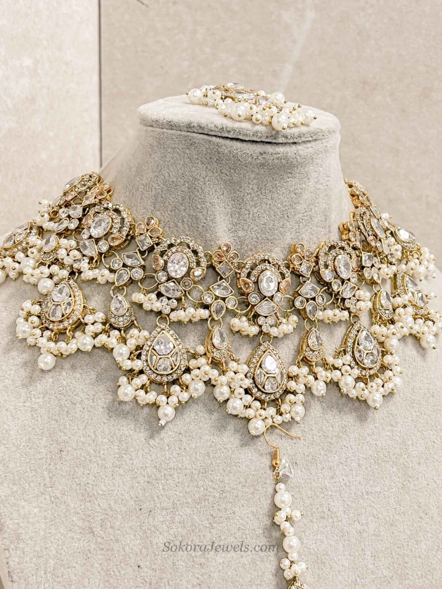 Omniya Bridal Necklace Set - White & Gold - SOKORA JEWELSOmniya Bridal Necklace Set - White & Gold