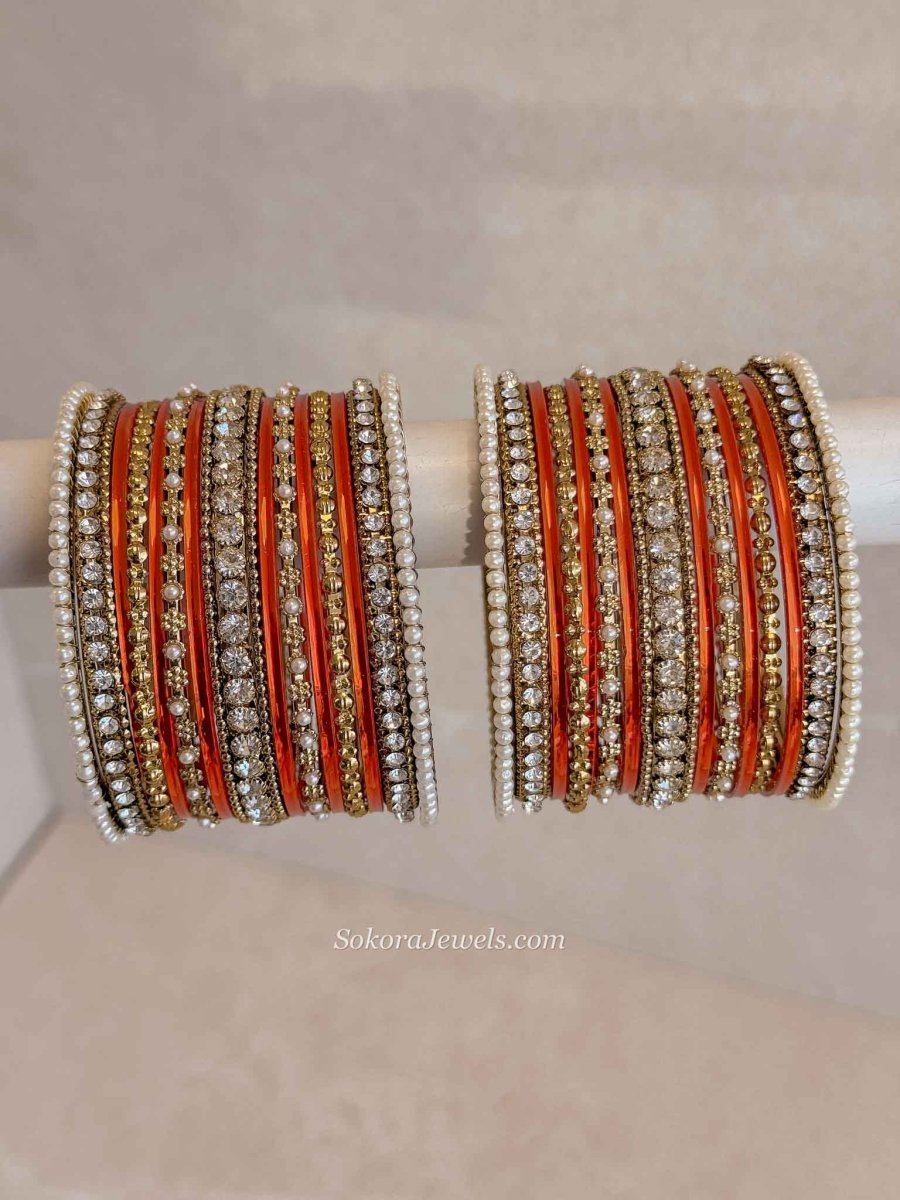 Orange & Gold Bangle Set – Crystal Stack - SOKORA JEWELSOrange & Gold Bangle Set – Crystal StackBANGLES
