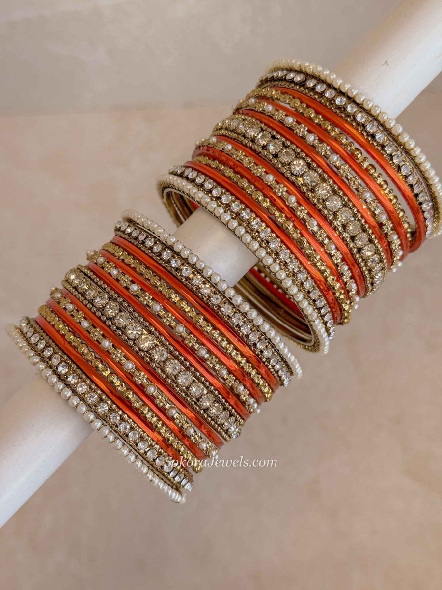 Orange & Gold Bangle Set – Crystal Stack - SOKORA JEWELSOrange & Gold Bangle Set – Crystal StackBANGLES