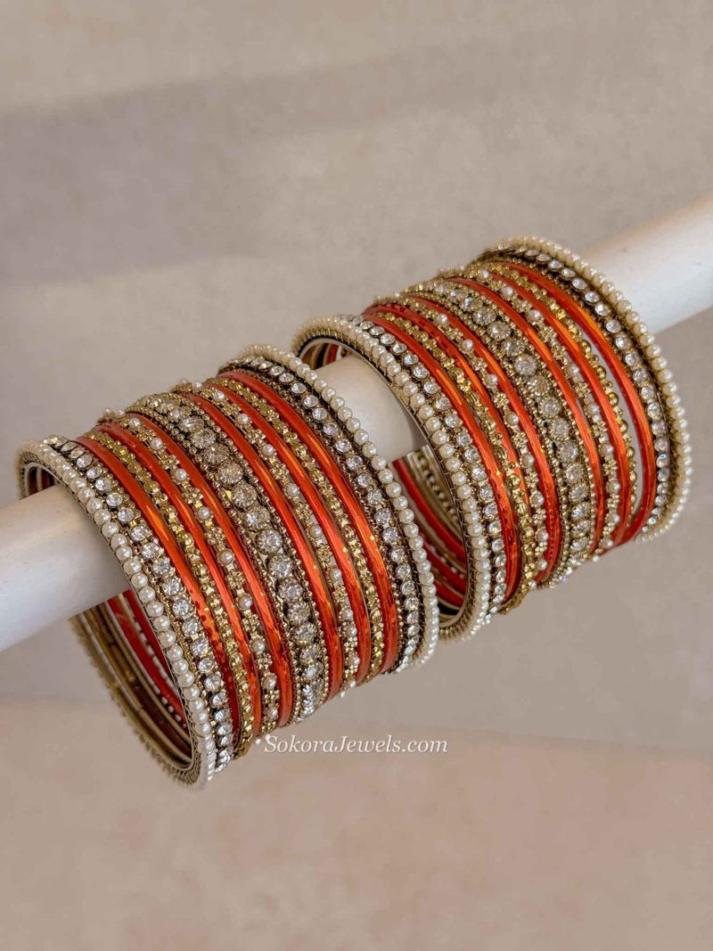 Orange & Gold Bangle Set – Crystal Stack - SOKORA JEWELSOrange & Gold Bangle Set – Crystal StackBANGLES