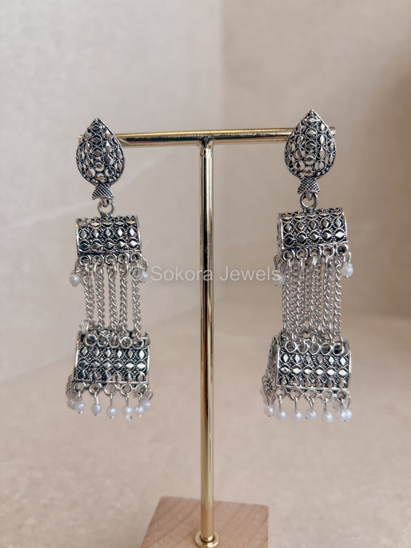 Oxidised Dangling Jhumkas - SOKORA JEWELSOxidised Dangling Jhumkas