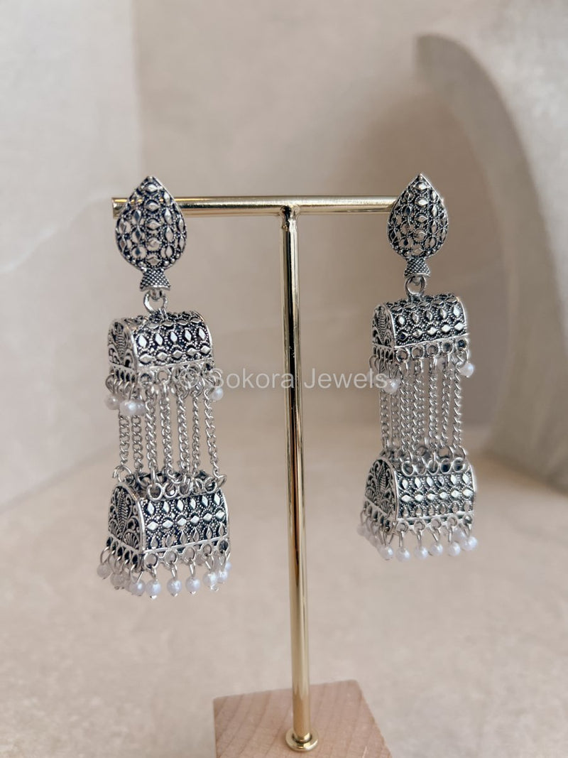 Oxidised Dangling Jhumkas - SOKORA JEWELSOxidised Dangling Jhumkas