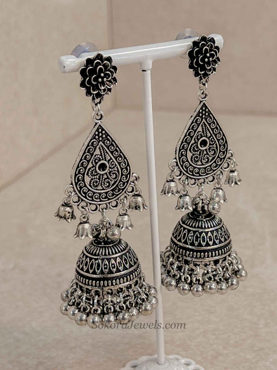 Oxidised Long Tear Drop Jhumka earrings - SOKORA JEWELSOxidised Long Tear Drop Jhumka earrings