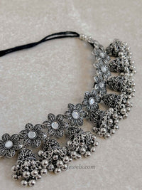 Oxidised Mirrored Silver Floral Necklace set - SOKORA JEWELSOxidised Mirrored Silver Floral Necklace set