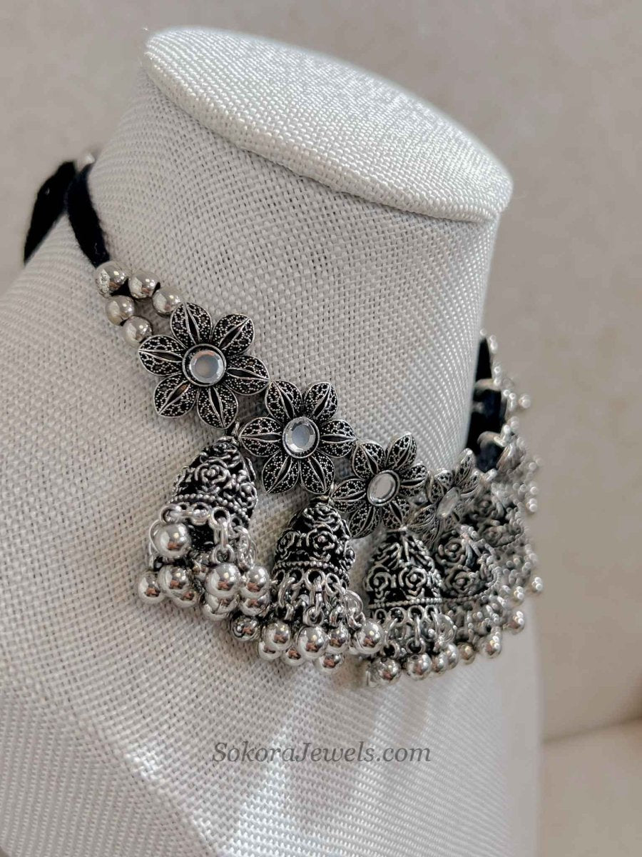 Oxidised Mirrored Silver Floral Necklace set - SOKORA JEWELSOxidised Mirrored Silver Floral Necklace set