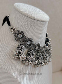 Oxidised Mirrored Silver Floral Necklace set - SOKORA JEWELSOxidised Mirrored Silver Floral Necklace set