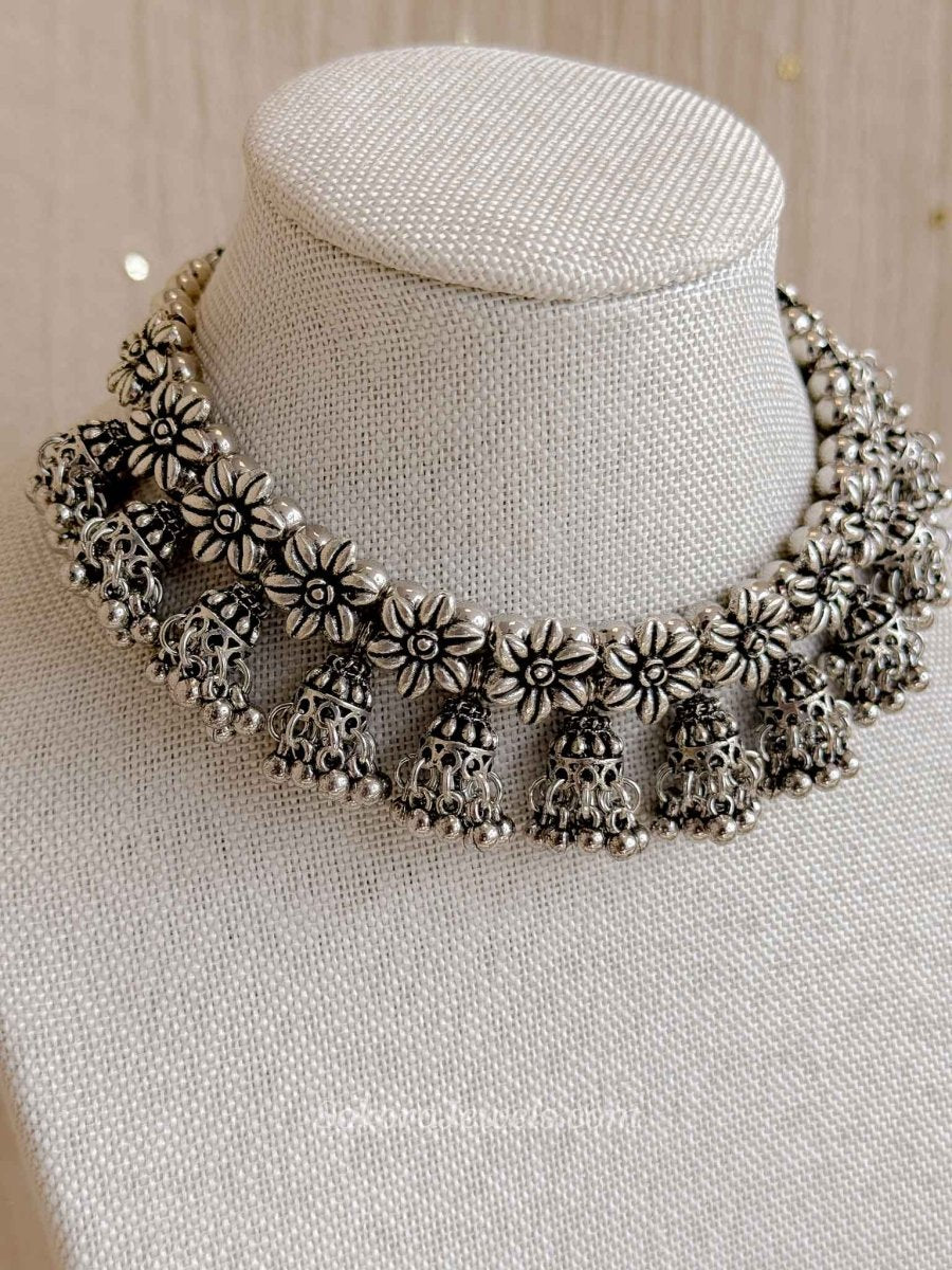 Oxidised Silver Floral Necklace set - SOKORA JEWELSOxidised Silver Floral Necklace set