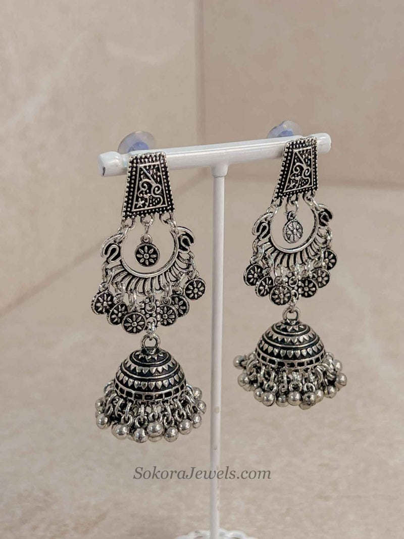 Oxidised Silver Jhumka Earrings - SOKORA JEWELSOxidised Silver Jhumka Earrings