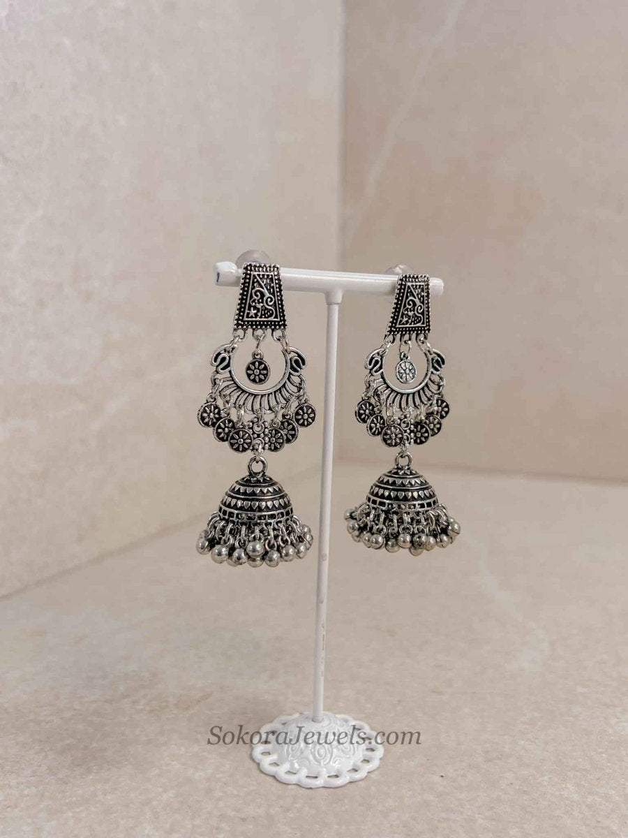 Oxidised Silver Jhumka Earrings - SOKORA JEWELSOxidised Silver Jhumka Earrings