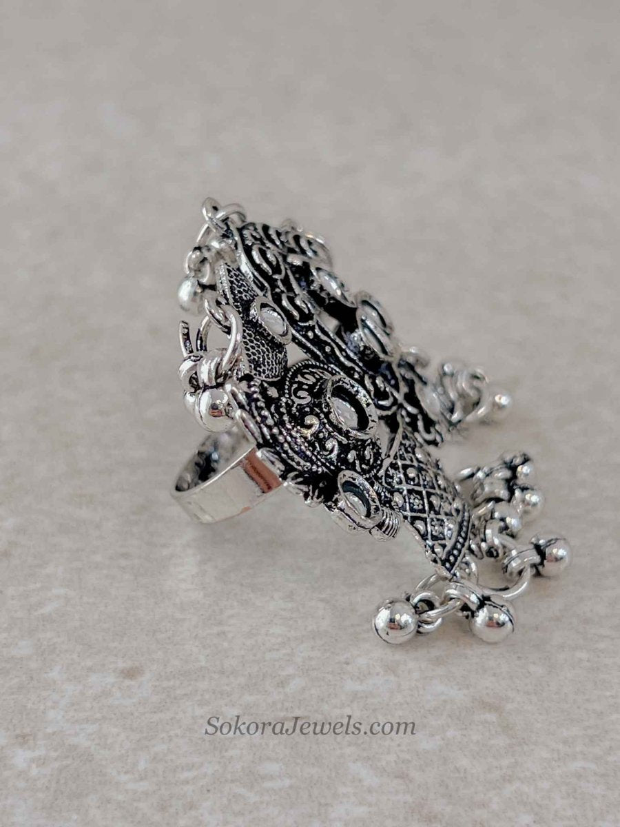 Oxidised Silver Jhumka & Ghungroo Statement Ring - SOKORA JEWELSOxidised Silver Jhumka & Ghungroo Statement RingRING