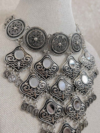 Oxidised Silver Mirror Coin Navratri Necklace Set - SOKORA JEWELSOxidised Silver Mirror Coin Navratri Necklace Set