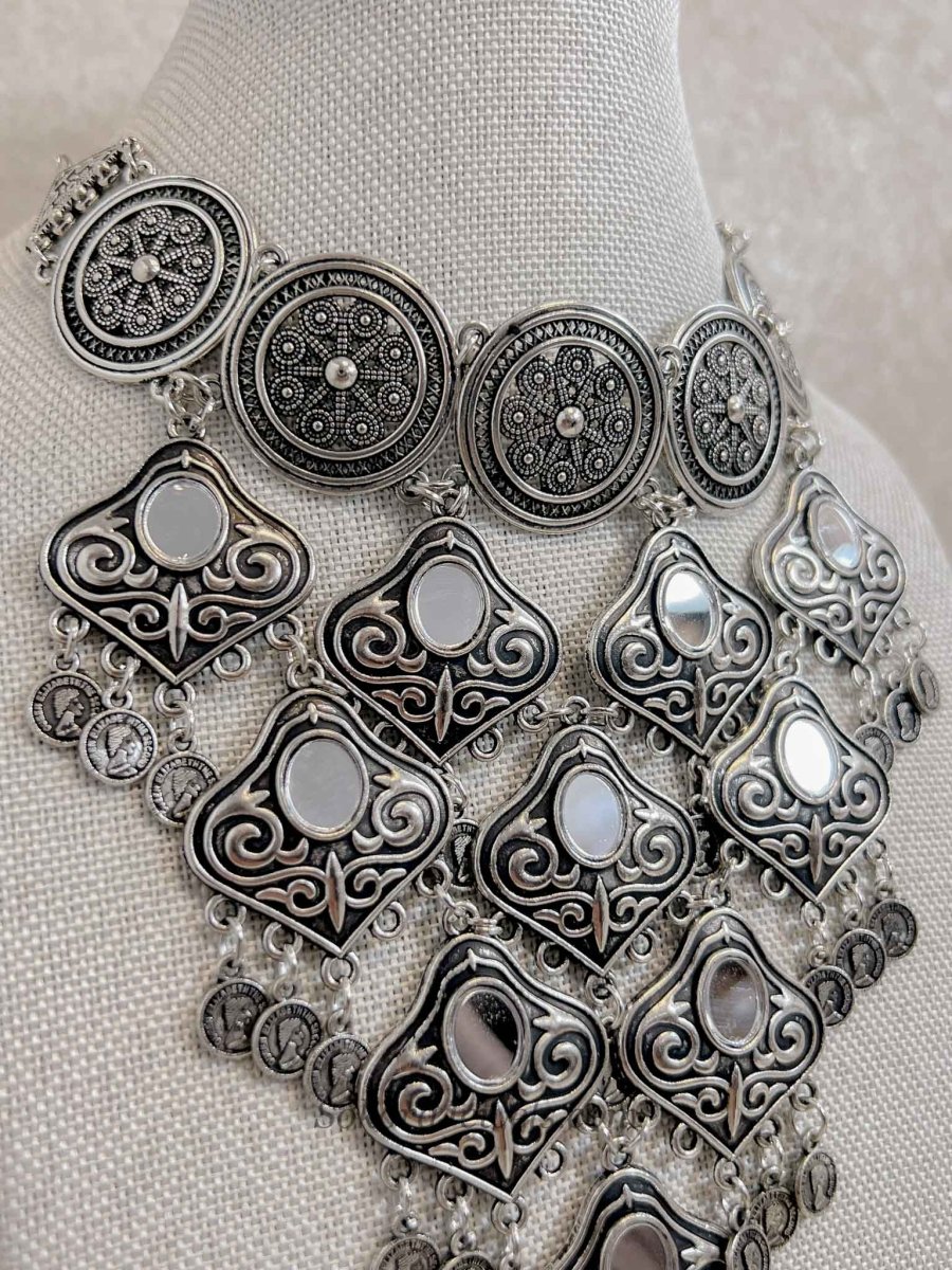 Oxidised Silver Mirror Coin Navratri Necklace Set - SOKORA JEWELSOxidised Silver Mirror Coin Navratri Necklace Set