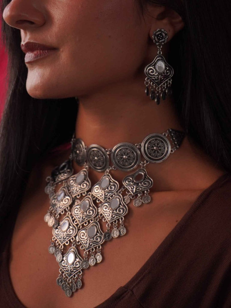 Oxidised Silver Mirror Coin Navratri Necklace Set - SOKORA JEWELSOxidised Silver Mirror Coin Navratri Necklace Set