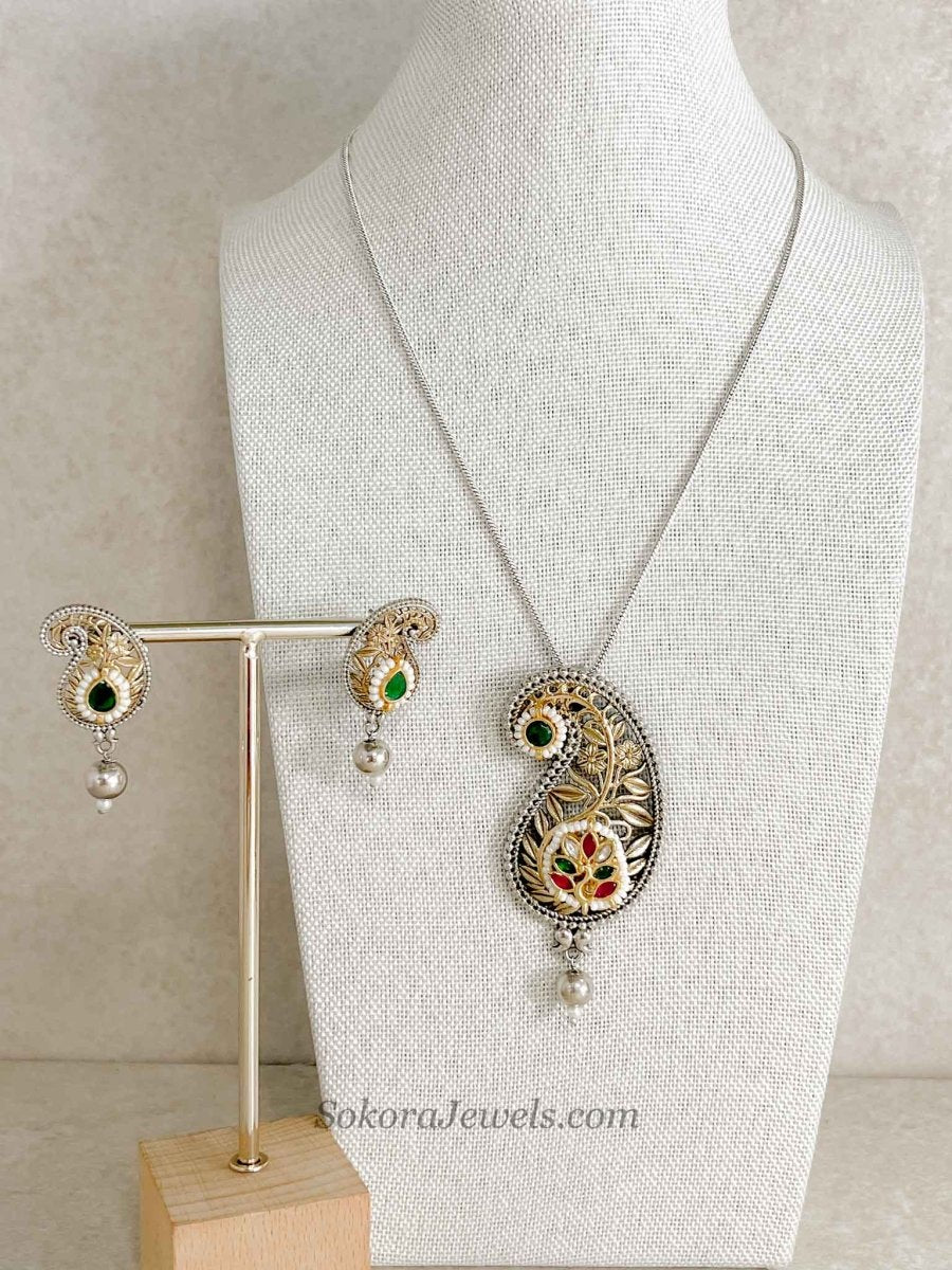 Paisley Pendant Long Necklace and Earring Set - SOKORA JEWELSPaisley Pendant Long Necklace and Earring Set