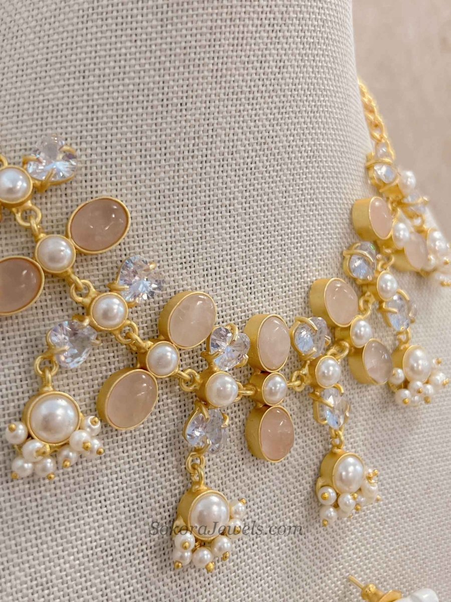 Pale Gemstone & Pearl Statement Necklace Set - SOKORA JEWELSPale Gemstone & Pearl Statement Necklace Set