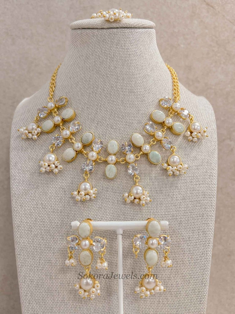 Pale Gemstone & Pearl Statement Necklace Set - SOKORA JEWELSPale Gemstone & Pearl Statement Necklace Set
