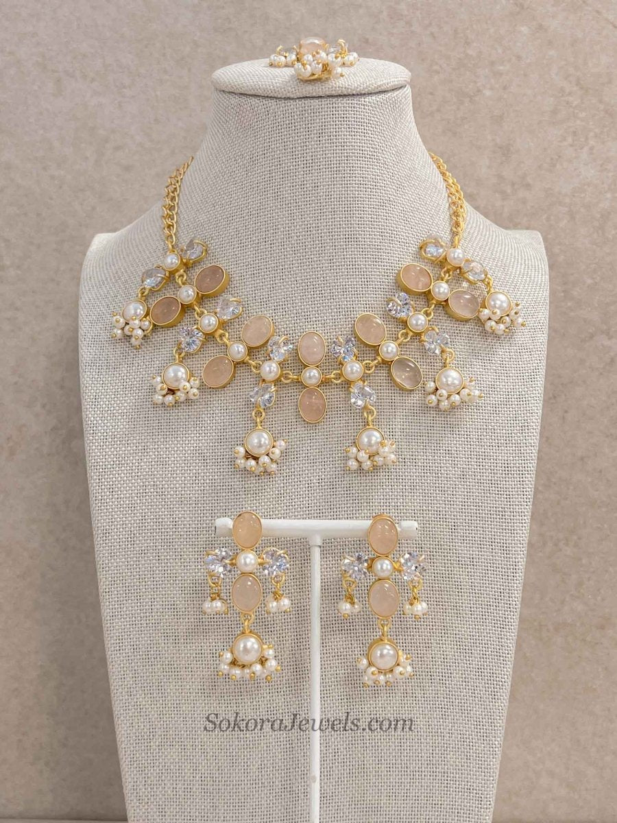 Pale Gemstone & Pearl Statement Necklace Set - SOKORA JEWELSPale Gemstone & Pearl Statement Necklace Set