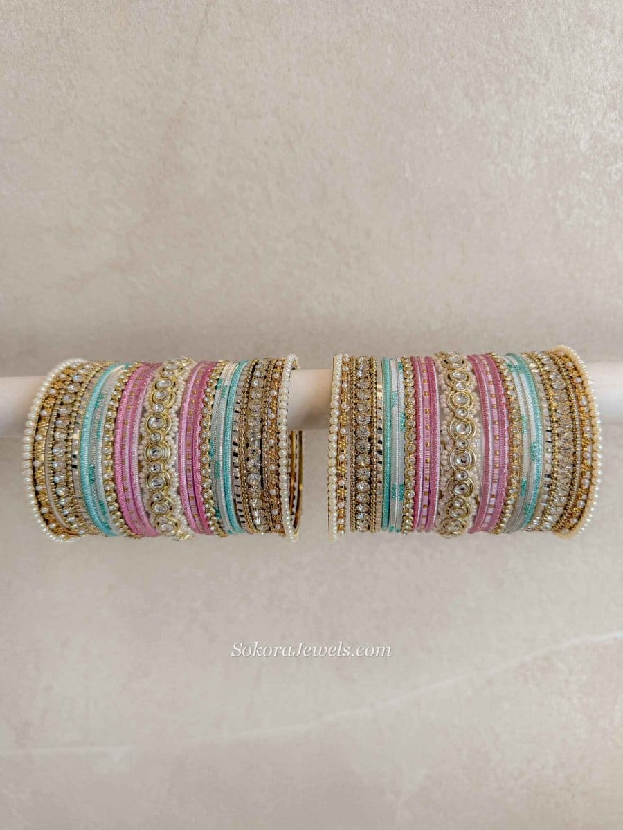 Pastel Bridal Bangle Set – Pink & Blue Kundan Stack - SOKORA JEWELSPastel Bridal Bangle Set – Pink & Blue Kundan StackBANGLES