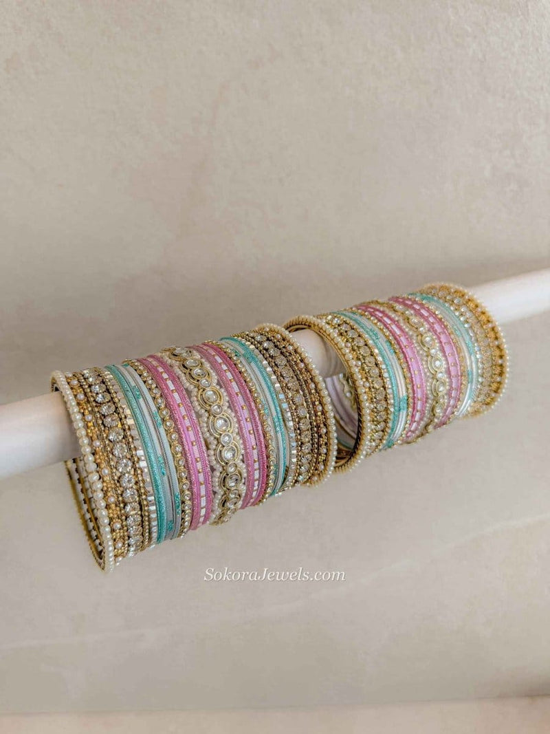 Pastel Bridal Bangle Set – Pink & Blue Kundan Stack - SOKORA JEWELSPastel Bridal Bangle Set – Pink & Blue Kundan StackBANGLES