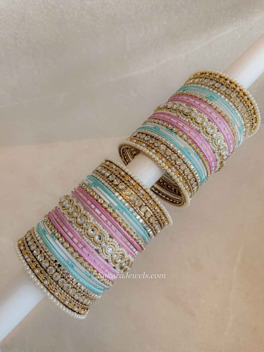 Pastel Bridal Bangle Set – Pink & Blue Kundan Stack - SOKORA JEWELSPastel Bridal Bangle Set – Pink & Blue Kundan StackBANGLES