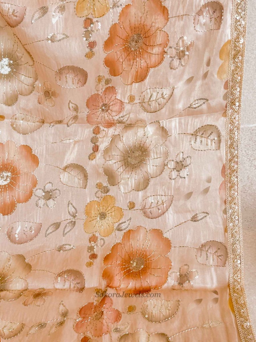 Peach & Multishade Floral Dupatta - Embellished Occasion Dupatta - SOKORA JEWELSPeach & Multishade Floral Dupatta - Embellished Occasion Dupatta