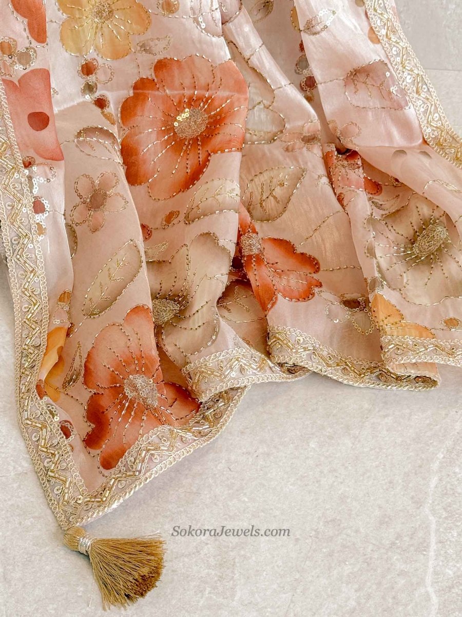 Peach & Multishade Floral Dupatta - Embellished Occasion Dupatta - SOKORA JEWELSPeach & Multishade Floral Dupatta - Embellished Occasion Dupatta