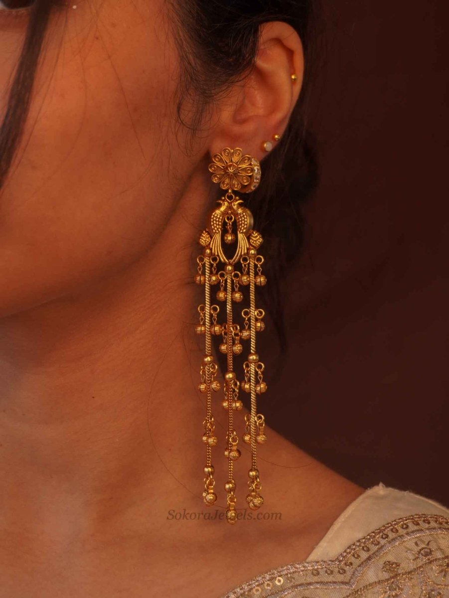 Peacock Golden Ghungroo Drop Earrings - SOKORA JEWELSPeacock Golden Ghungroo Drop Earrings