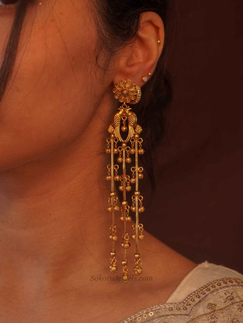 Peacock Golden Ghungroo Drop Earrings - SOKORA JEWELSPeacock Golden Ghungroo Drop Earrings