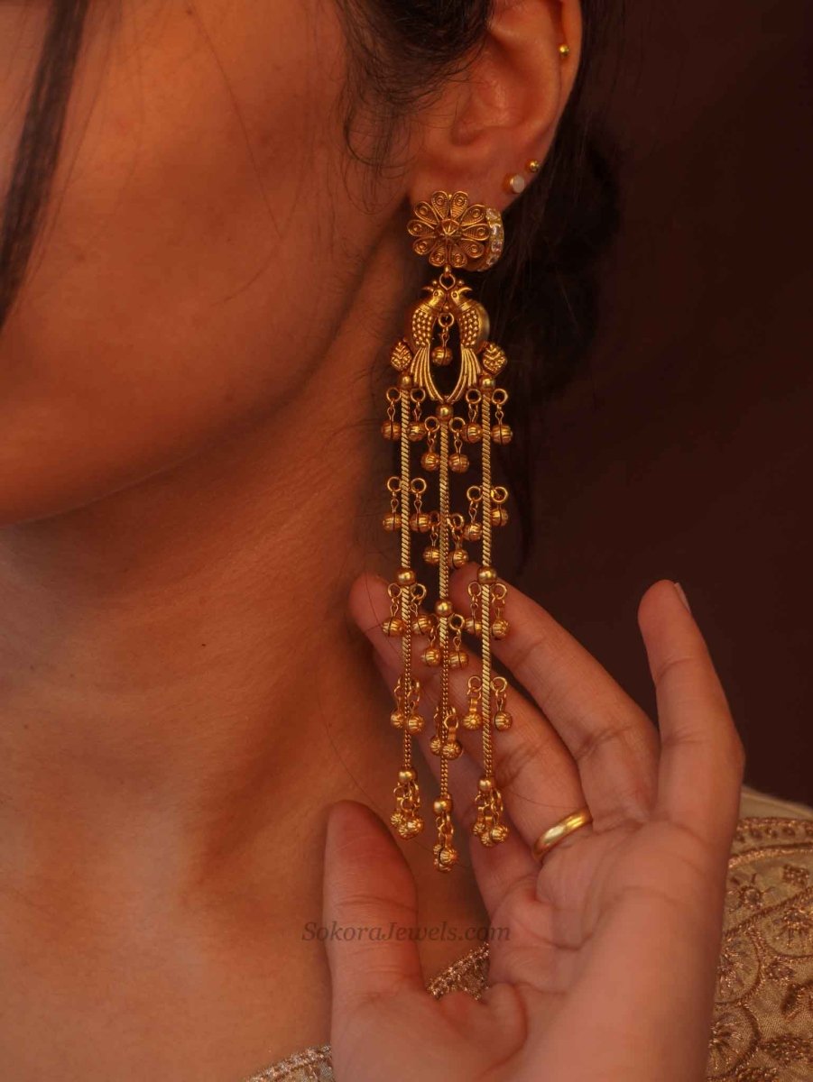 Peacock Golden Ghungroo Drop Earrings - SOKORA JEWELSPeacock Golden Ghungroo Drop Earrings