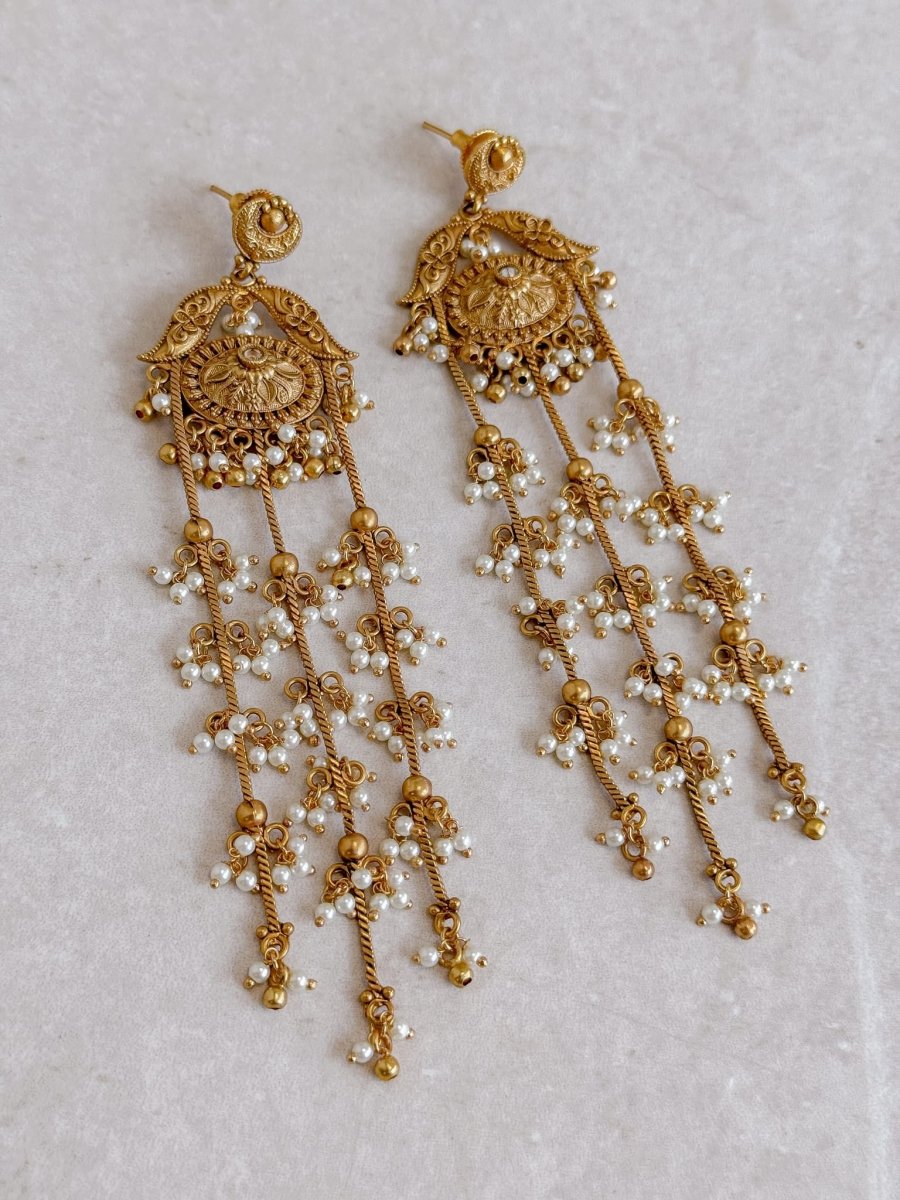 Peacock Golden Pearl Drop Earrings - SOKORA JEWELSPeacock Golden Pearl Drop Earrings