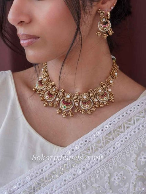 Peacock kundan choker set with ghungroo beads - SOKORA JEWELSPeacock kundan choker set with ghungroo beads