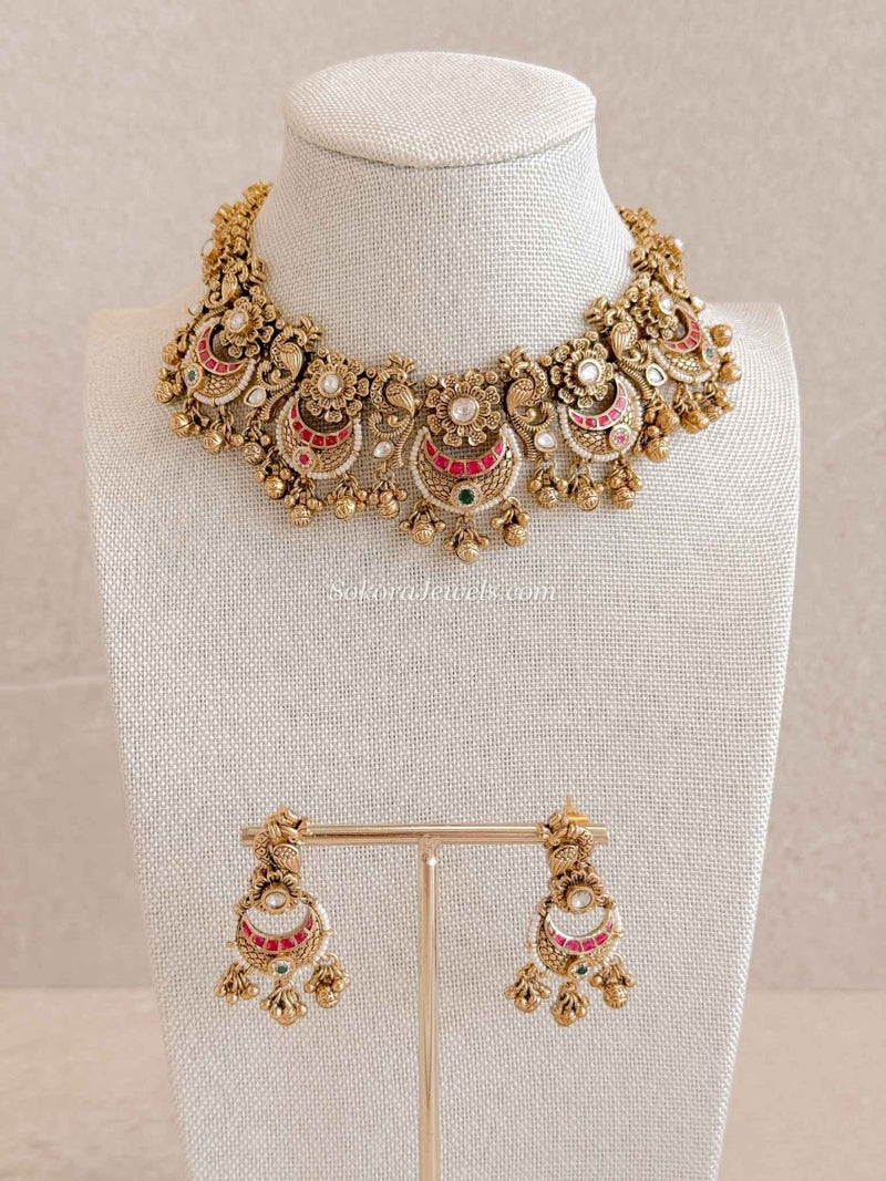 Peacock kundan choker set with ghungroo beads - SOKORA JEWELSPeacock kundan choker set with ghungroo beads