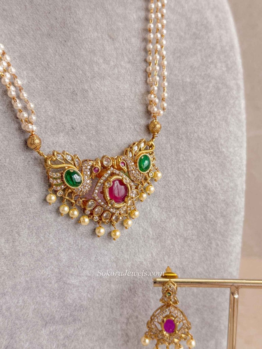 Peacock Pendant Pearl Mala Necklace Set - SOKORA JEWELSPeacock Pendant Pearl Mala Necklace Set