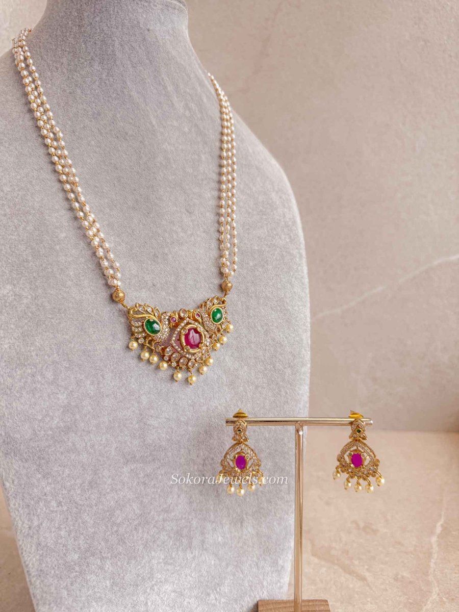 Peacock Pendant Pearl Mala Necklace Set - SOKORA JEWELSPeacock Pendant Pearl Mala Necklace Set