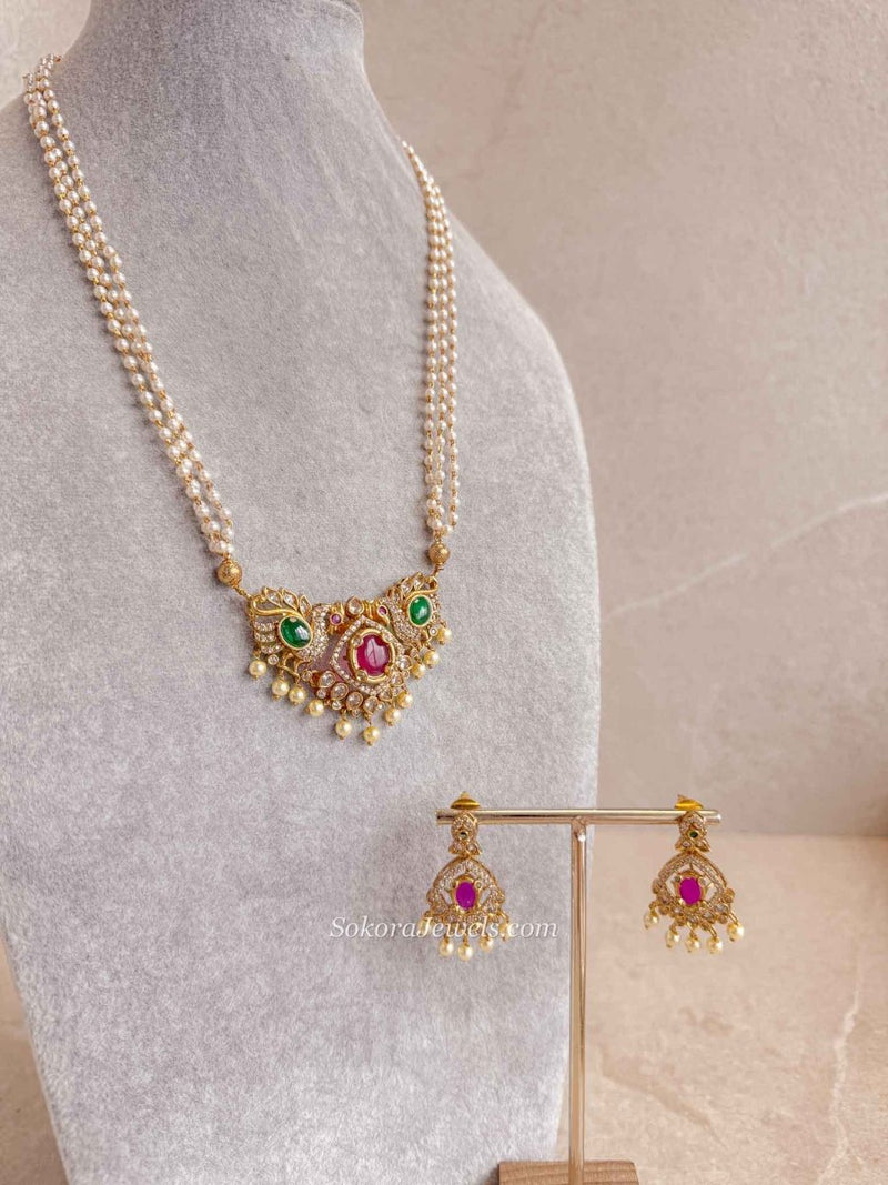 Peacock Pendant Pearl Mala Necklace Set - SOKORA JEWELSPeacock Pendant Pearl Mala Necklace Set