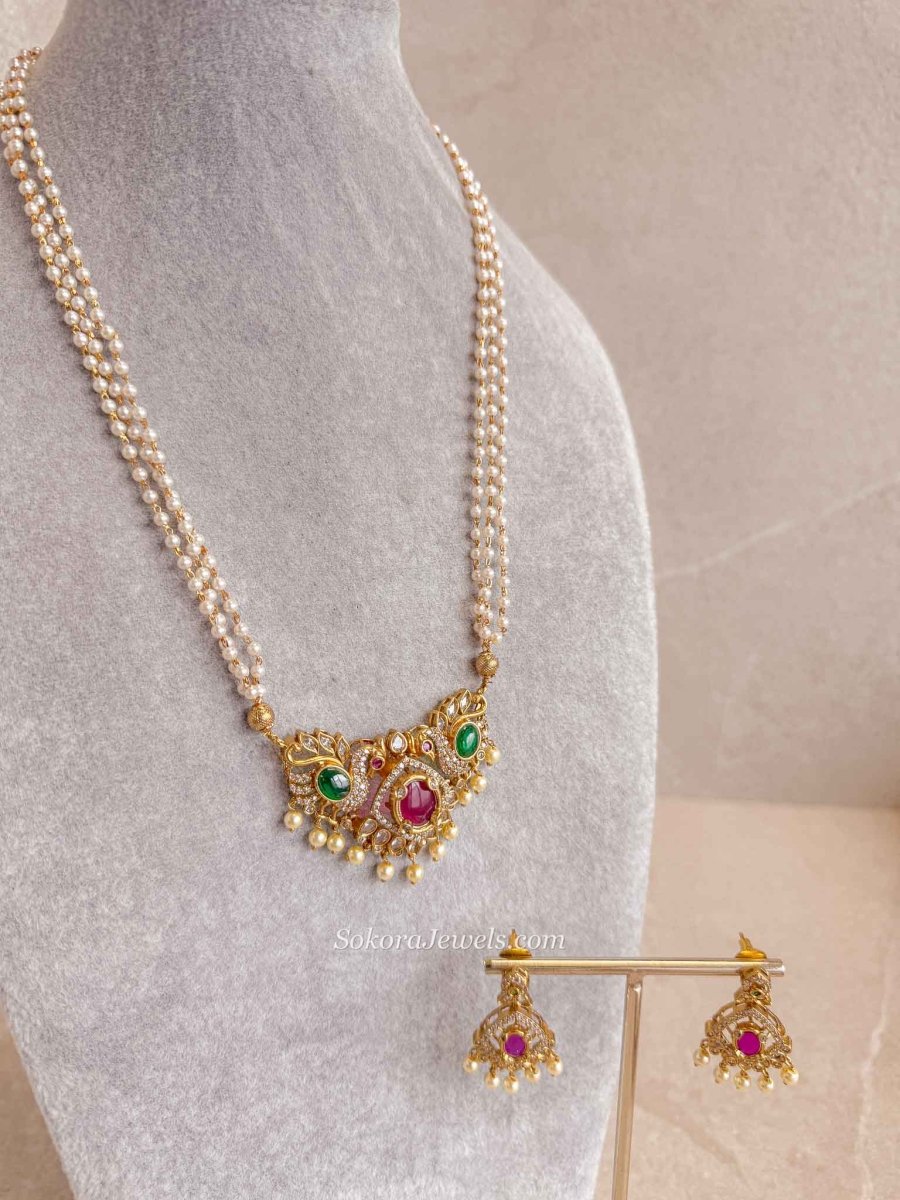 Peacock Pendant Pearl Mala Necklace Set - SOKORA JEWELSPeacock Pendant Pearl Mala Necklace Set
